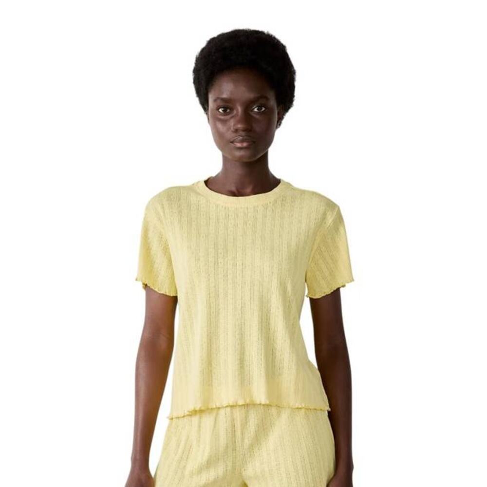 LESET Pointelle Slim Fit Tee Shirt in Pale Yellow S